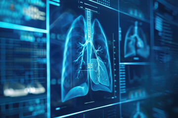 Human lung anatomy with X-ray images and scientific data. Digital healthcare, research and medical technology concept - Powered by Adobe