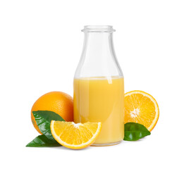 Refreshing orange juice in bottle, leaves and fruits isolated on white