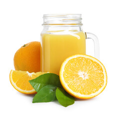 Refreshing orange juice in mason jar, leaves and fruits isolated on white