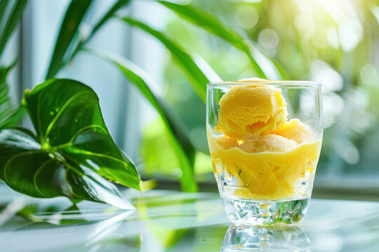 scoops of mango sorbet in clear glass with green leaves background