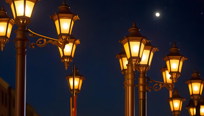 A row of street lamps against a dark night sky