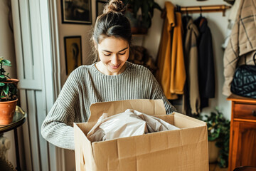 Joyous moment of woman opening a delivered package, revealing the ordered product inside
