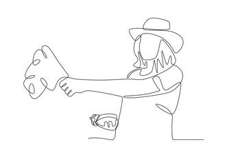 Obraz premium Woman holding vegetables and fruit.People picking herbs or veggie one-line drawing