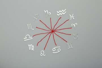 Zodiac compatibility. Signs and red threads on grey background, flat lay