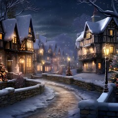 Snowy winter night in a small village - 3D illustration.
