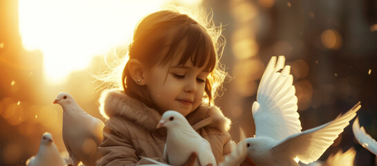 little girl playing with white doves	

