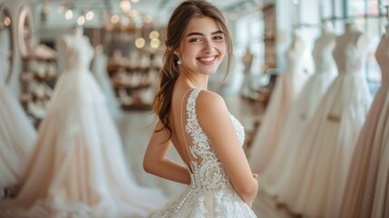 Naklejka premium Woman Standing in Front of Wedding Dresses