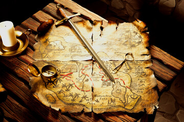 Enigmatic Vintage Pirate Map with Antique Sword, Compass and Candlelight