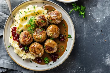 Foto op Aluminium classic Swedish meatballs with mashed potatoes and lingonberry on a dark gray surface © Klay