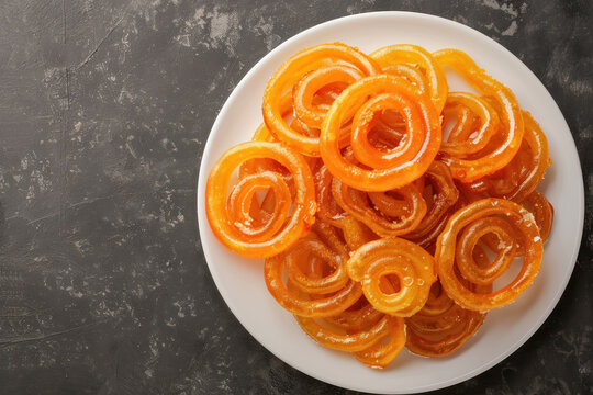 crisp jalebi traditional Indian sweet in a white plate on dark textured background