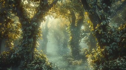 verdant forest with towering ancient trees, sunlight filtering through dense foliage, creating a play of light and shadow on the forest floor, symbolizing growth and vitality - obrazy, fototapety, plakaty
