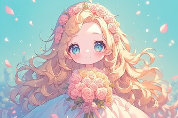 cute anime bride with long blond hair holding a wedding bouquet of roses flowers - obrazy, fototapety, plakaty