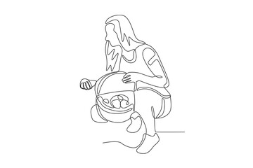 Woman harvesting vegetables while squatting.People picking herbs or veggie one-line drawing