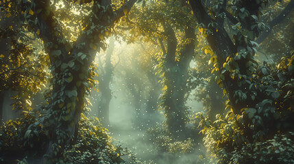 verdant forest with towering ancient trees, sunlight filtering through dense foliage, creating a play of light and shadow on the forest floor, symbolizing growth and vitality - Powered by Adobe