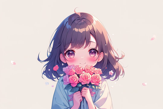 cute smiling anime girl holding a bouquet of pink roses flowers on white background