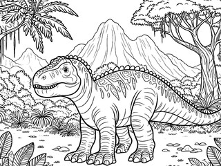 Coloring pages cute tyrannosaurus Dinosaur of meadows, trees and clouds. Vector, generative ai.