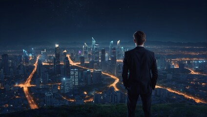 Back view of young businessman on mountain top looking at night city with abstract low poly light bulb. Innovation, technology and idea concept. 3D Rendering