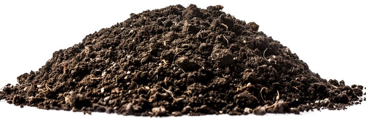 Dirt Pile on Isolated White Background. Soil, Agriculture and Compost Concept in Closeup with Brown Bio Botany Patterns - obrazy, fototapety, plakaty