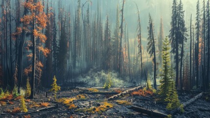 Devastated Forest After Wildfire, outdoors - obrazy, fototapety, plakaty