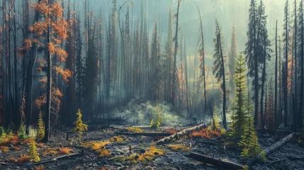 Fotobehang Devastated Forest After Wildfire, outdoors © Prostock-studio