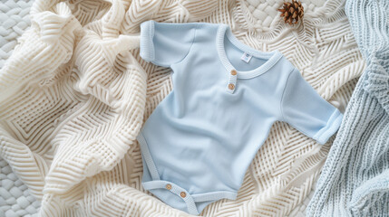 Soft Pastel Blue Baby Onesie on Cozy Knitted Blanket