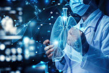 Medicine doctor with electronic medical record of human lungs anatomy with X-ray images. Digital healthcare, research and medical technology concept