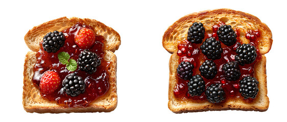 Blackberry jam toast set PNG. Roasted slice of toast bread with blackberry jam PNG. Toast top view...