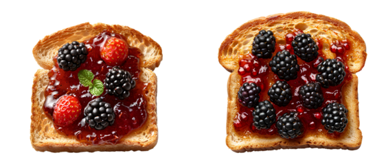 Blackberry jam toast set PNG. Roasted slice of toast bread with blackberry jam PNG. Toast top view PNG. Slightly burnt toast bread flat lay isolated. Blackberry jam