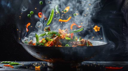 Steam rises as colorful vegetables leap from a hot pan, capturing a moment of lively cooking.