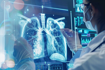 Medicine doctor with electronic medical record of human lungs anatomy with X-ray images. Digital healthcare, research and medical technology concept - obrazy, fototapety, plakaty