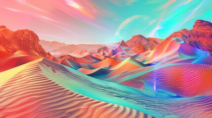 A surreal and abstract vision unfolds with a colorful fantasy desert background 
