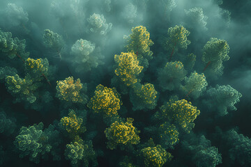 Naklejka na ściany i meble Aerial view of a dense forest with clouds. Nature and environment concept for design and print. Digital art style with copy space