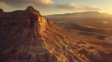 Aerial view of a sandstone Butte in Utah desert valley at sunset, Capitol Reef National Park,  United States. 
