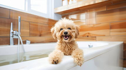 A happy cute fluffy beige dog is sitting in a modern bathtub