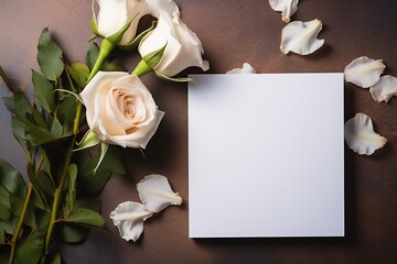mockup white blank paper sheet with roses top view, template empty card flat lay with copy space