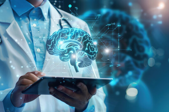 Medicine doctor with electronic medical record of human brain anatomy with X-ray images Digital healthcare, research and medical technology concept