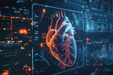Human heart anatomy with X-ray images and scientific data. Digital healthcare, research and medical technology concept