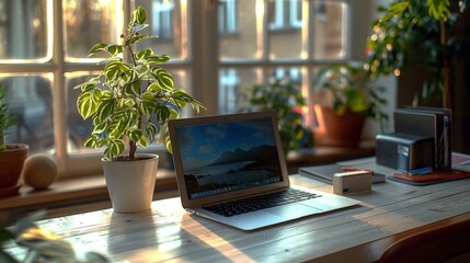 Fototapeta premium Digital nomad life style with laptop on a wooden table at modern home office illuminated by evening sunlight through the window