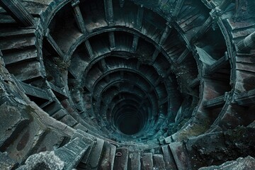 Mystical Abyss of Ancient Architecture at the Bottom of a Dark Well with Circular Hole