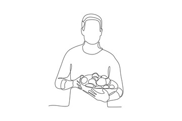 Men display baskets of vegetable harvest.People picking herbs or veggie one-line drawing