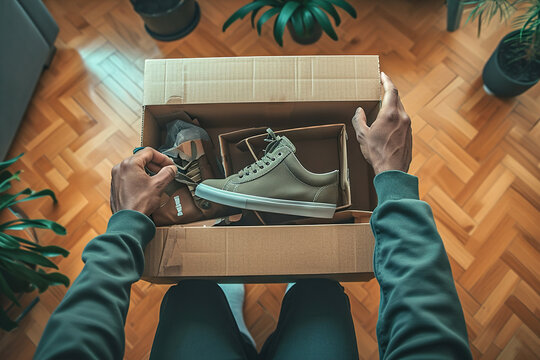 Joyous moment of person opening a delivered package, revealing the ordered shoes inside. Joyful anticipation facial expression.