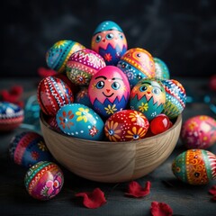 Fototapeta premium Decorated easter eggs in a basket with colorful happy colors