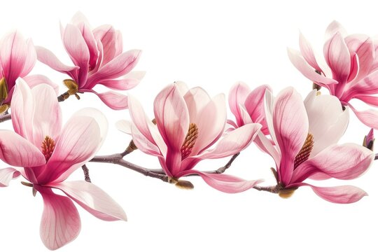 Pink Spring Magnolia Flower Branch for Decoration. Magnolia Blossom Border Rows in Bloom on Tree
