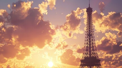 Romantic Travel Background: Eiffel Tower at Sunset in Paris, France with Stunning Architecture and Skyline View