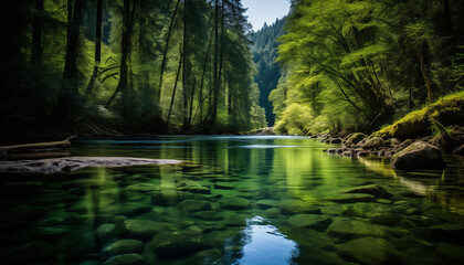 A beautiful landscape photo of a crystal clear river flowing through a lush green forest
