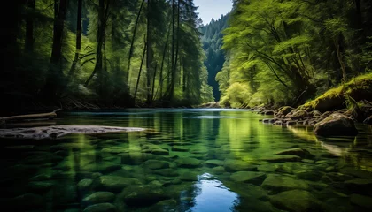 Fotobehang A beautiful landscape photo of a crystal clear river flowing through a lush green forest © HecoPhoto
