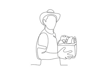 A man who has just finished harvesting vegetables.People picking herbs or veggie one-line drawing
