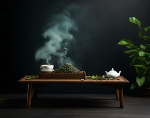 side view empty wooden table with smoke float up on green tea
