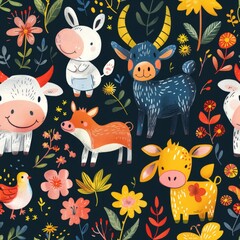 A playful illustration of adorable farm animals with a cheerful assortment of colorful flowers and small birds.