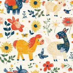 A playful illustration of adorable farm animals with a cheerful assortment of colorful flowers and small birds.